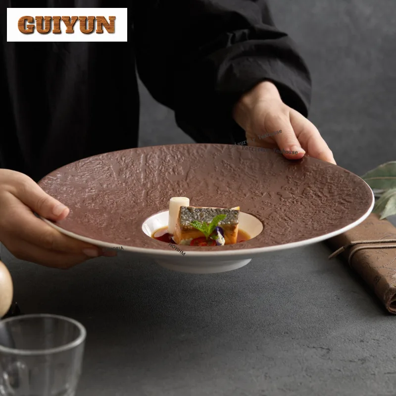 HOYIHM Carved Texture Hat-shaped Serving Plate Rice Plate Sharing Plate Dish Ramen Hot Pot Sashimi Tray BBQ Tableware
