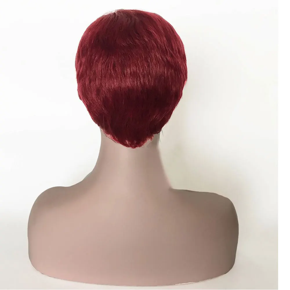 99j Color Dark Burgundy Red Human Hair Wigs for Women Short Pixie Cut Wigs with Bangs Layered Boy Cut Duby Wig Machine Made image 4