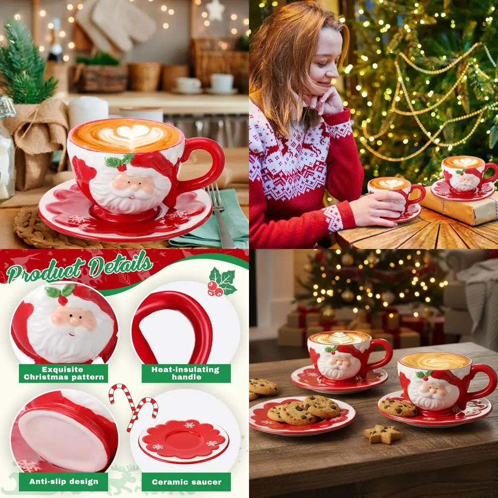 Juego de 6 tazas y platillos de café expreso de Papá Noel de cerámica roja, diseño de copo de nieve para bebidas y decoraciones navideñas