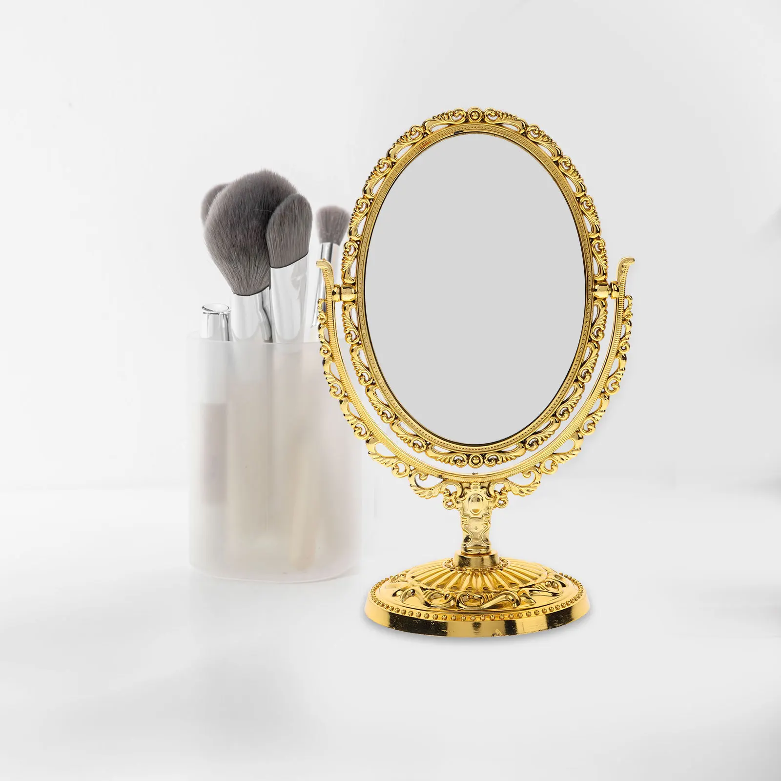 

European Style Vintage Oval Desktop Makeup Mirror Double Side Rotating Vanity Table Mirror for Bedroom Mirrors for Bedroom
