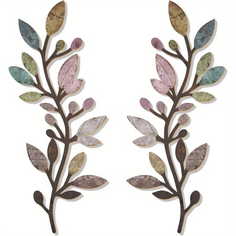 2 Stück Boho-Blatt-Wandkunst aus Metall – lebendige Olivenzweig-Skulptur für die Innendekoration im Innen- und Außenbereich