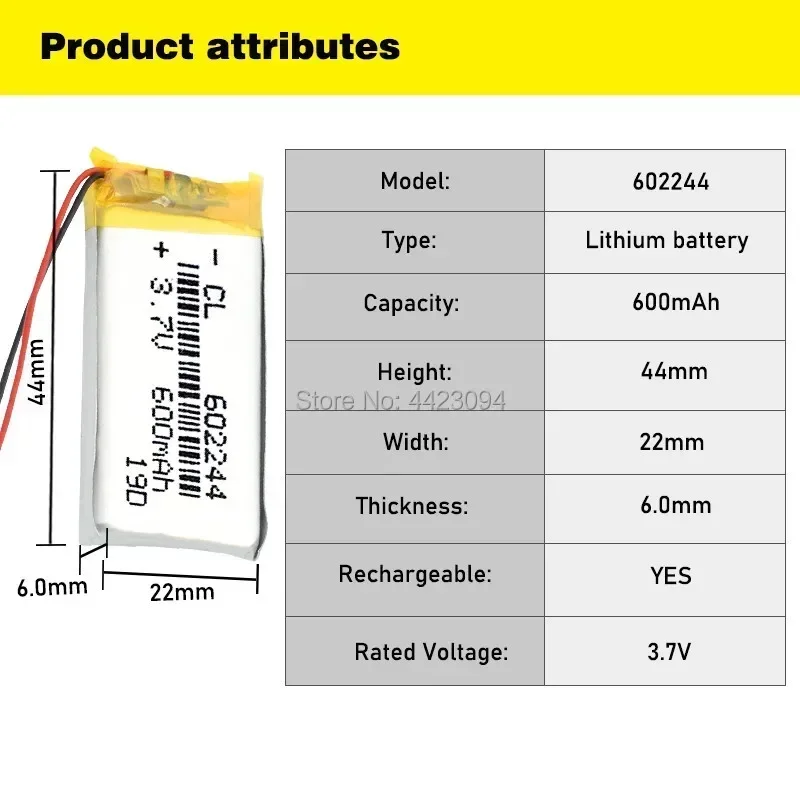 Polymer Battery 600 mAh 3.7 V 602244 MP3 Speakers Li-ion Battery for DVR GPS MP3 MP4 Cell Phone Bluetooth Speaker Electric Toys