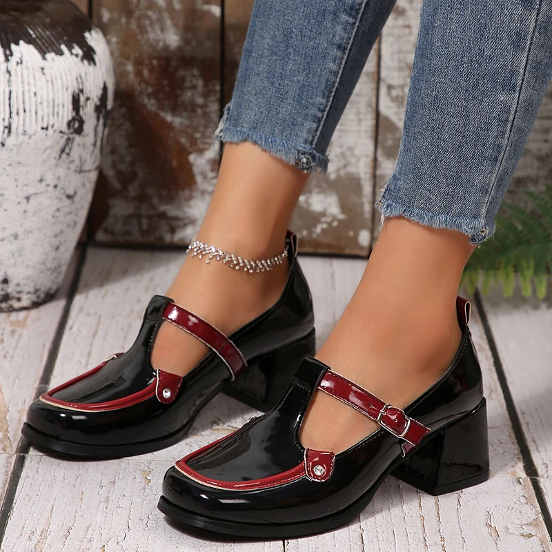 

French Vintage Ladies Mary Jane Shoes with Buckle Slip-On High Heels Leather Office Work Shoes for Women Square Toe Summer Shoes