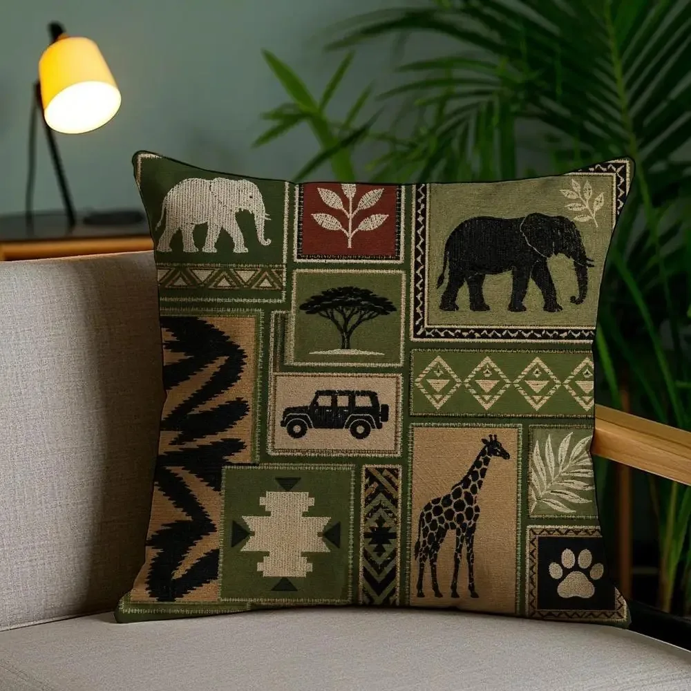 African Safari Animal Elephant Giraffe Cushion Cover 2D Flat Printed Peach Skin Pillowcase For Living Room Sofa Couch Decor