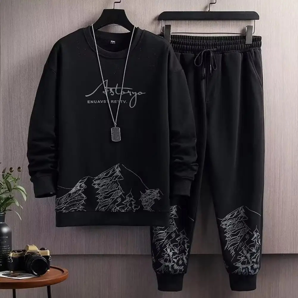 Pockets Jogging Suit Men\'s Mountain Print Casual Tracksuit Set with O-neck Sweatshirt Jogger Pants for Autumn Winter Men