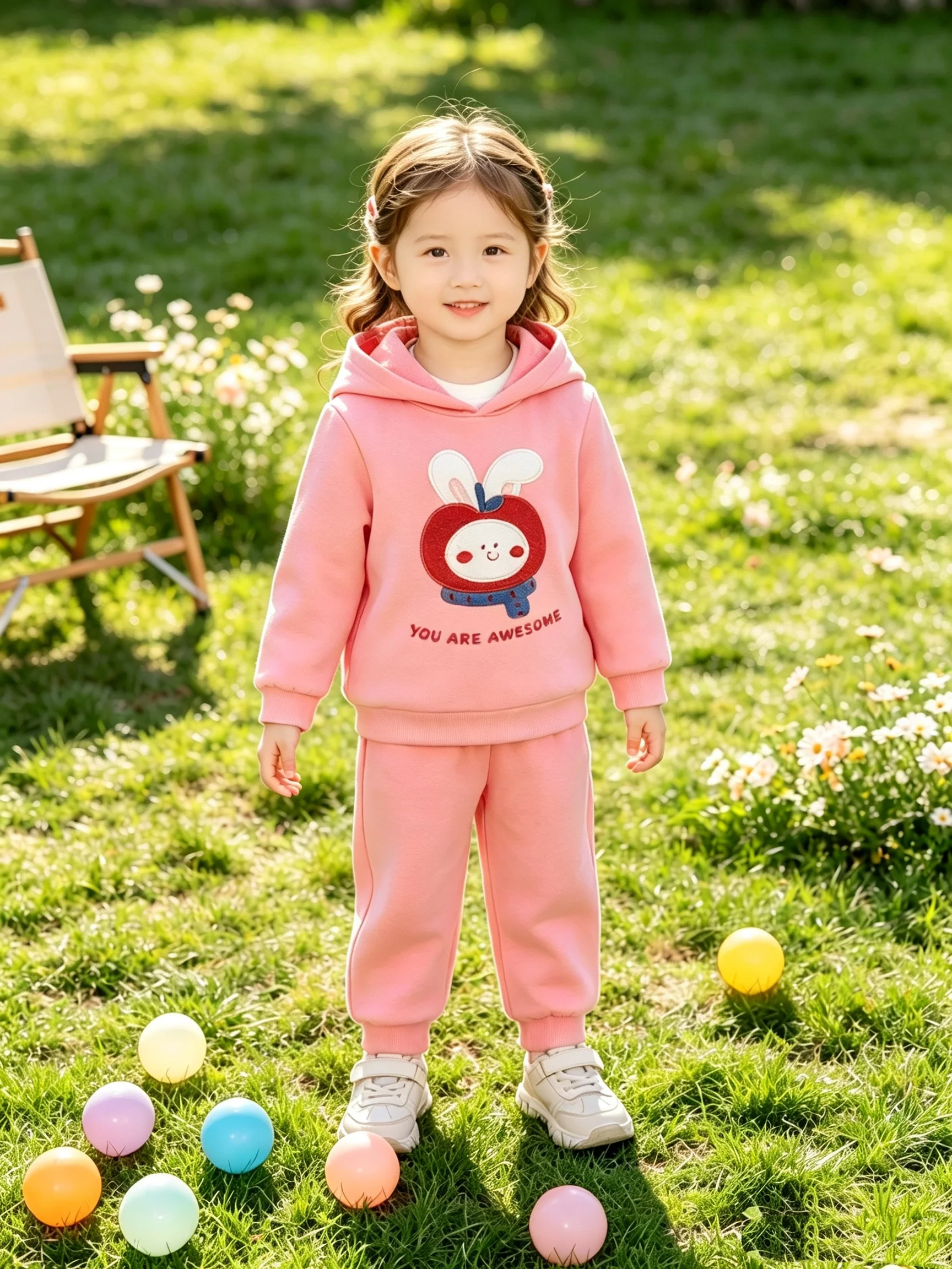 Girls Spring Autumn Peach Pink Rabbit Apple Embroidered Hoodie Pants Set Toddler Kids Clothing Two-Piece Outfit