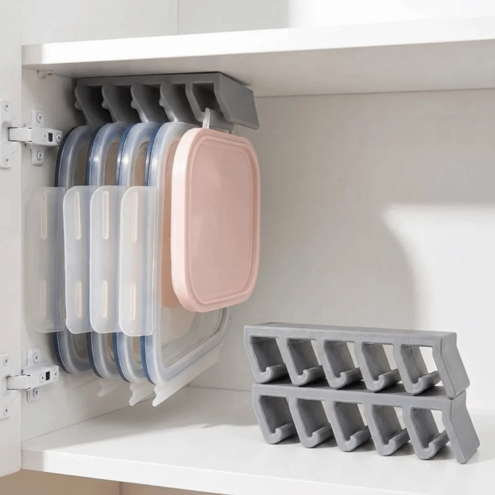 3D Printing Crisper Lid Storage Rack Wall Mounted Mold Resistant Fresh-keeping Box Lid Rack with 5-slot Partition Space Saving