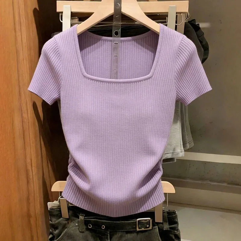 

Knitted Sweater Women Pullovers Summer Fashion Square Collar Knit Sweater Pullover Women Tops Short Sleeve Women Clothing Q3789