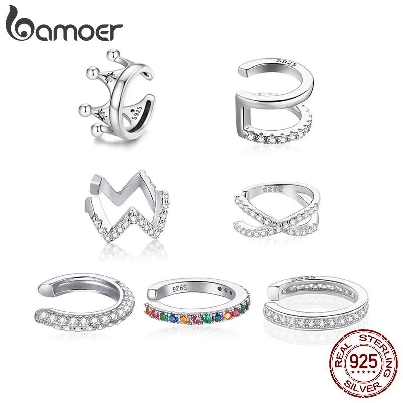 

BAMOER 925 Sterling Silver Mono Clip Earrings for Girl CZ Platinum Plated Ear Cuffs Non Piercing for Women Wedding Party Jewelry