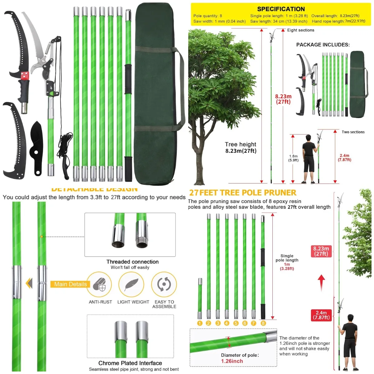 

27ft Extendable Tree Pole Pruner with Adjustable Height for Branch Trimming & Sawing