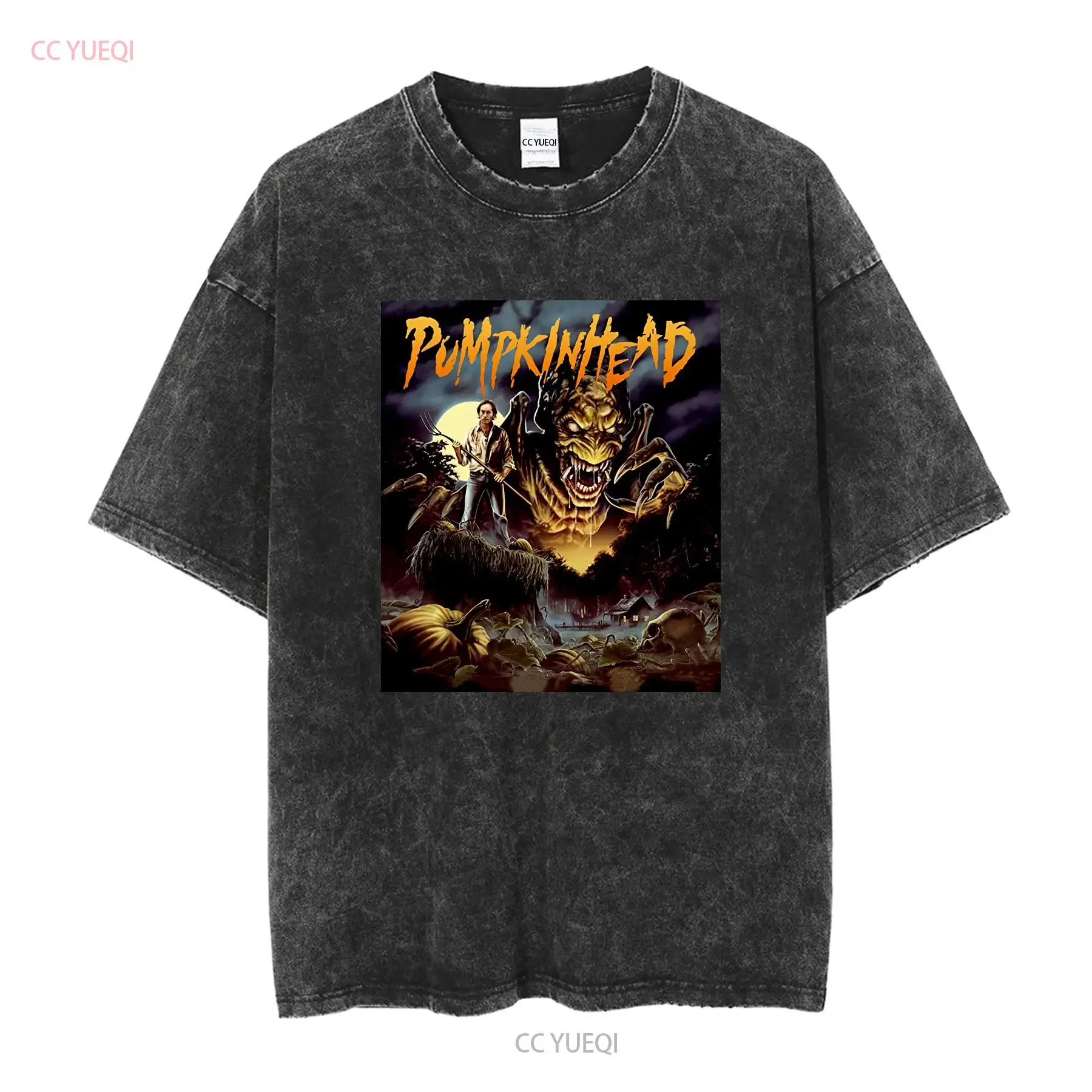 تي شيرت Pumpkinhead للرجال كلاسيكي مناسب برقبة دائرية من القطن الأسود برسوم جرافيك تي شيرت عتيق مغسول أوم ملابس شارع ناعمة