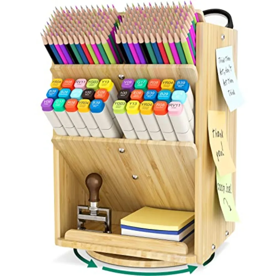 

Bamboo Desk Organizer Storage Accessories - Ultra-large 13 compartments, 1000+ Pencil Holder Capacity, Easy DIY Assembly, Rotat