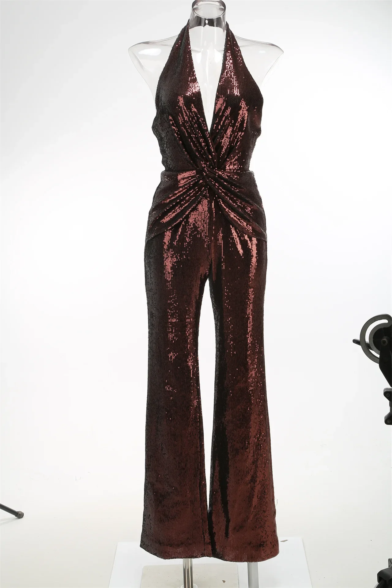 Women's Sleeveless Jumpsuits Luxury Sequins Sexy Halter Neck Deep V Neck High Waist Wide Leg Pants Jumpsuit Celebrity Party