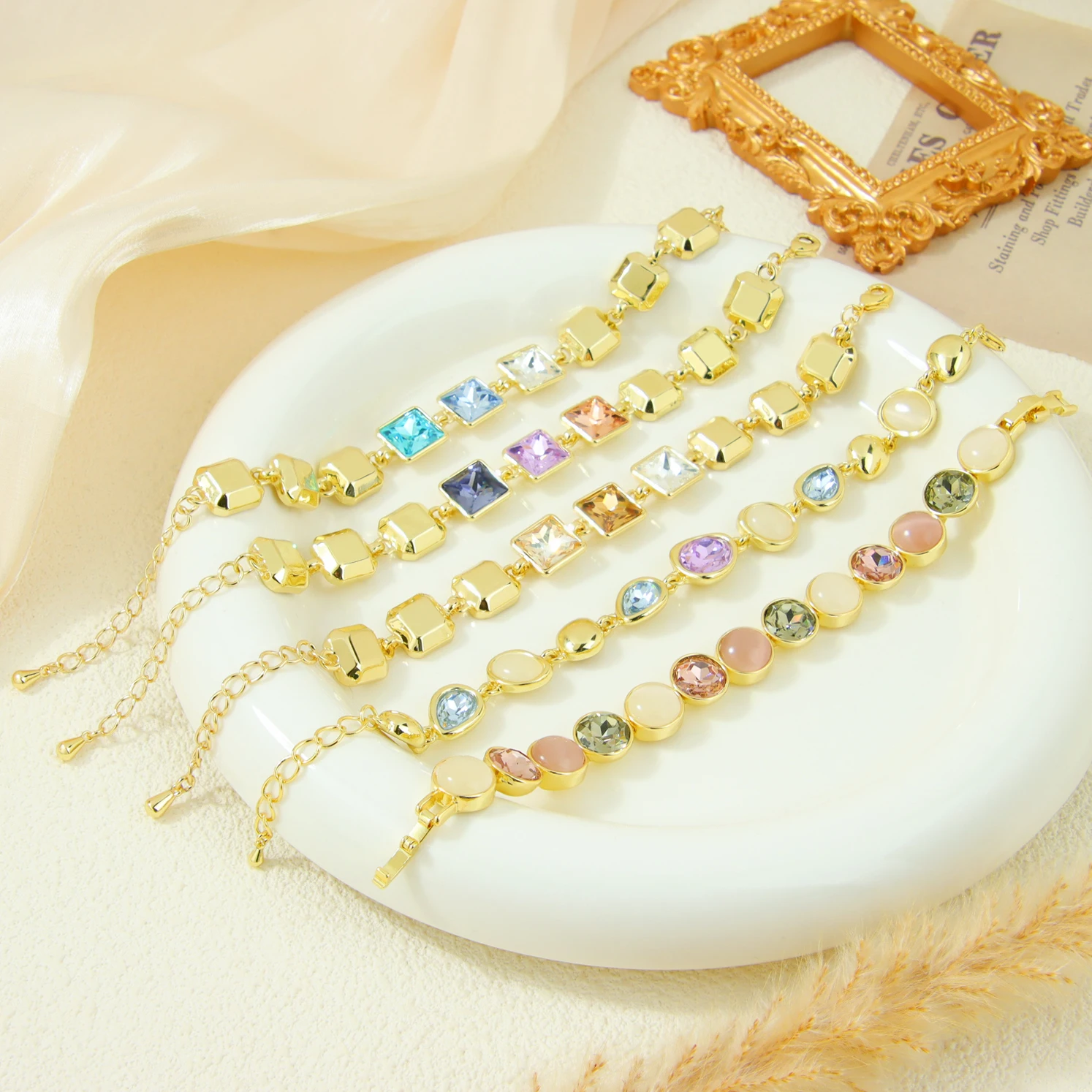 Fashionable Colored Crystal Gold Bracelet 14k Austrian Versatile Stained Glass Handmade Chains Italian Women Statement Jewelry