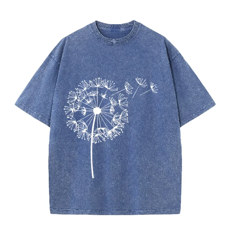 Dandelion Print Vintage Washed Brown T Shirt Casual Minimalist Streetwear Tee