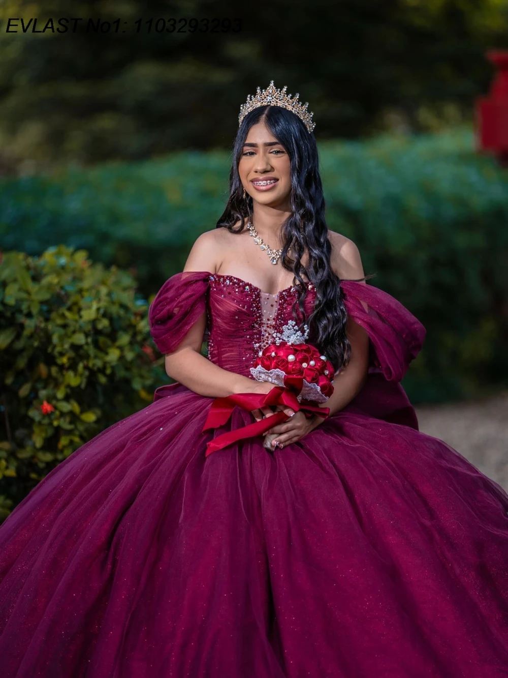 EVLAST Aangepaste Glitter Donkerroze Baljurk Quinceanera Jurk Kant Applique Kralen Strik Sweet 16 Vestidos De 15 Anos E1QN235