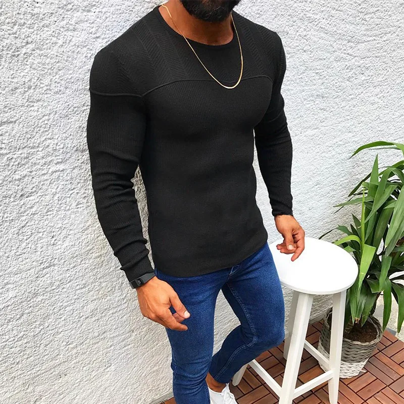 Knitted Sweater Men's Autumn And Winter Solid Color Slim-fitting Crew Neck Long-sleeved Pullover Sweater
