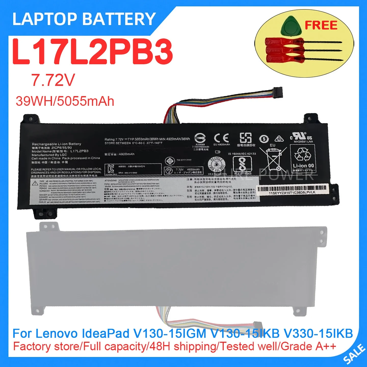 New Laptop Battery L17L2PB3 7.72V 39WH 5055mAh High Quality For Lenovo IdeaPad V130-15IGM V130-15IKB V330-15IKB