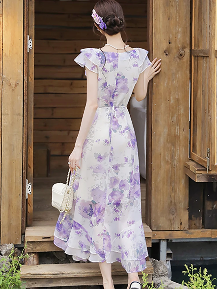 サマーパープルフローラルVネックノースリーブドレス レディース エレガントシック ラッフルビーチドレス 2025 韓国ファッション ボディコン ラグジュアリー ワンピース