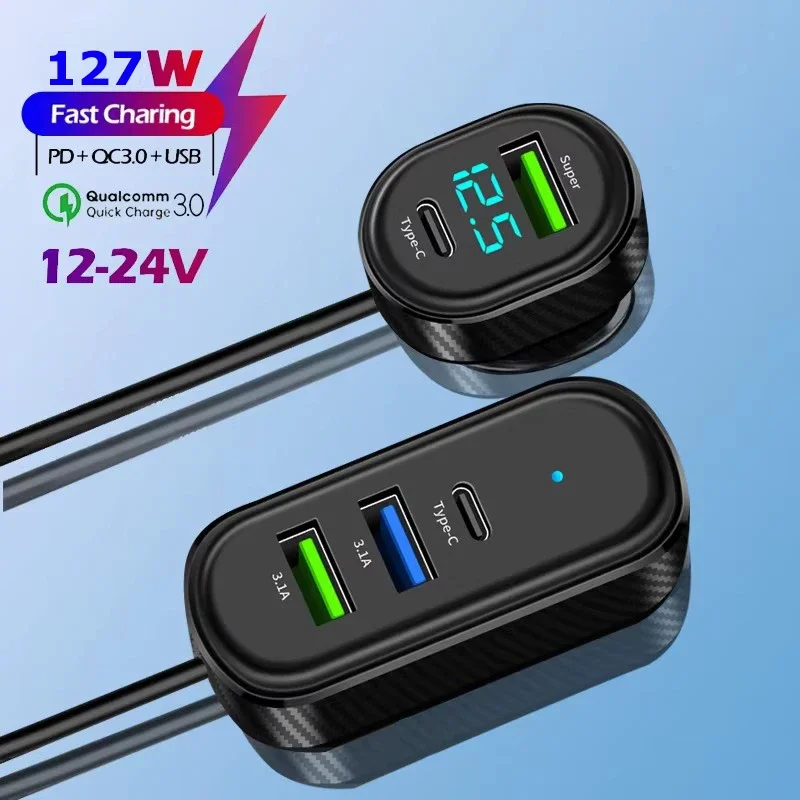 5-Port Auto-USB-Ladegerät mit 150 cm langem Kabel, Telefonladegerät für Vorder-/Rücksitzreihe, DC 12V/24V 66W Ultra-Schnell für iPhone/Android