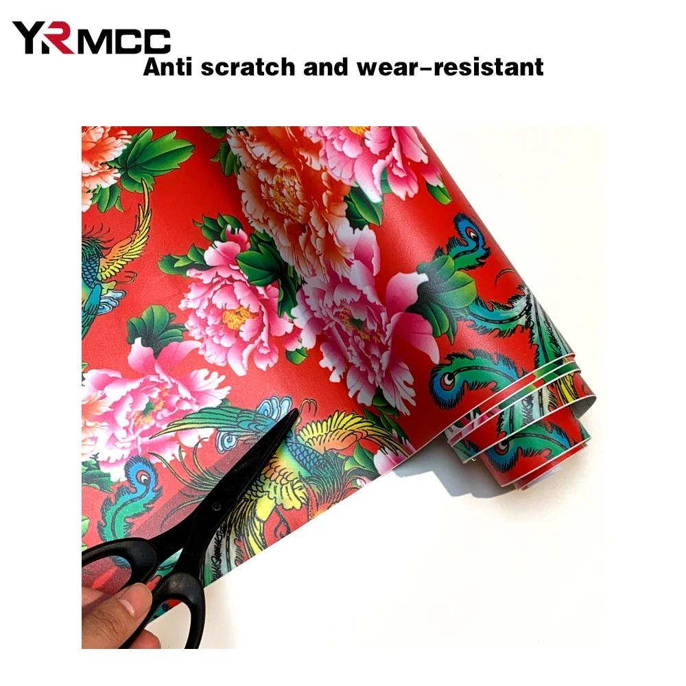 Car Floral Film Red Flower Sticker Waterproof Vinyl Wrapping Northeast China Floral Pattern Film for Auto Furniture Phone DIY