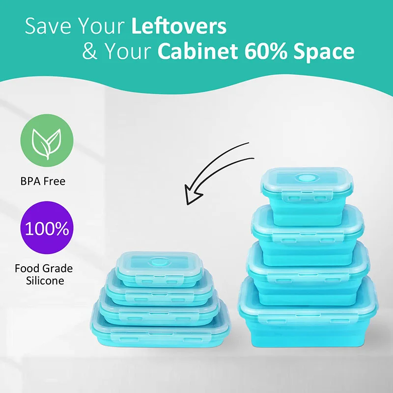 Silicone Collapsible Food Storage Containers with Lids Silicone Lunch Box Bento Box Kitchen Pantry Microwave Freezer Safe