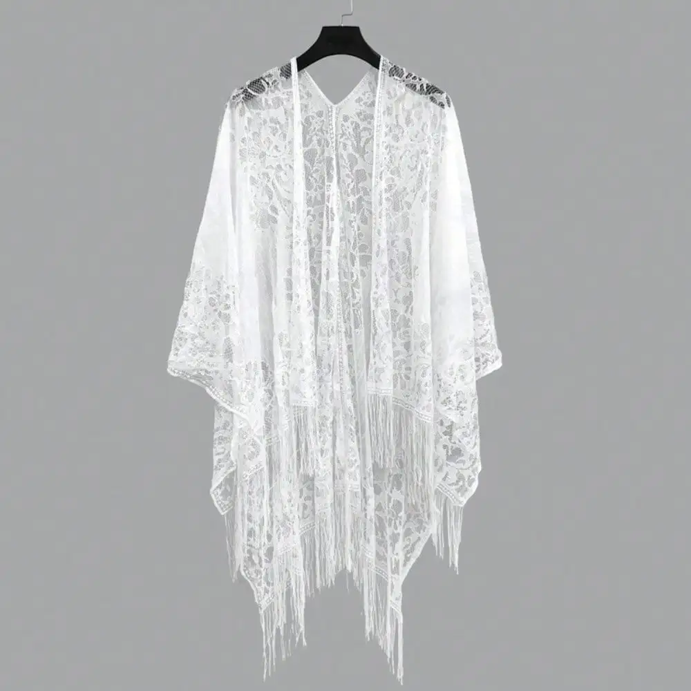 

1PC White Lace Shawl with Tassels Sheer Floral Embroidered Cape Bridal Wedding Beach Cover Up for Women