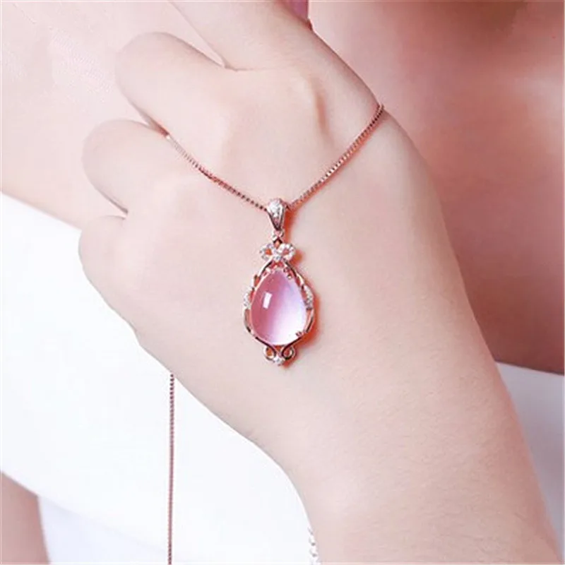 Wholesale CZ Crystal Pink Opal Pendant Necklace Chokers Rose Gold Color for Women Girls Ross Quartz Cute Gift