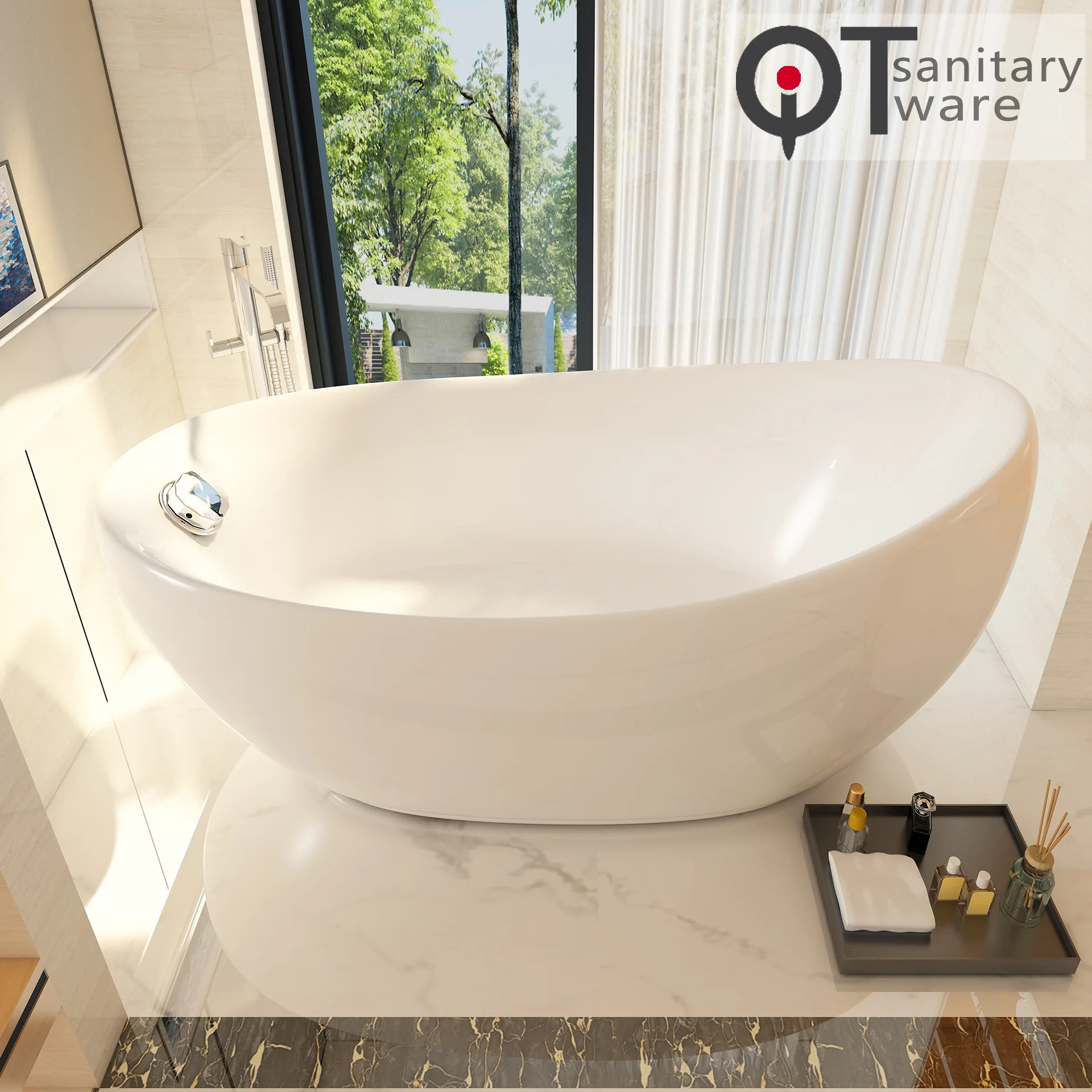 Acrylic bathtub full house hotel home full skirt crescent shape freestanding adult Foshan source QT-023