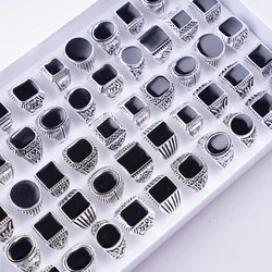 20Pcs/Lot Vintage Mix Black Enamel Geometric Square Silver Plated Rings for Men Women Retro Punk Jewelry Accessories Party Gifts