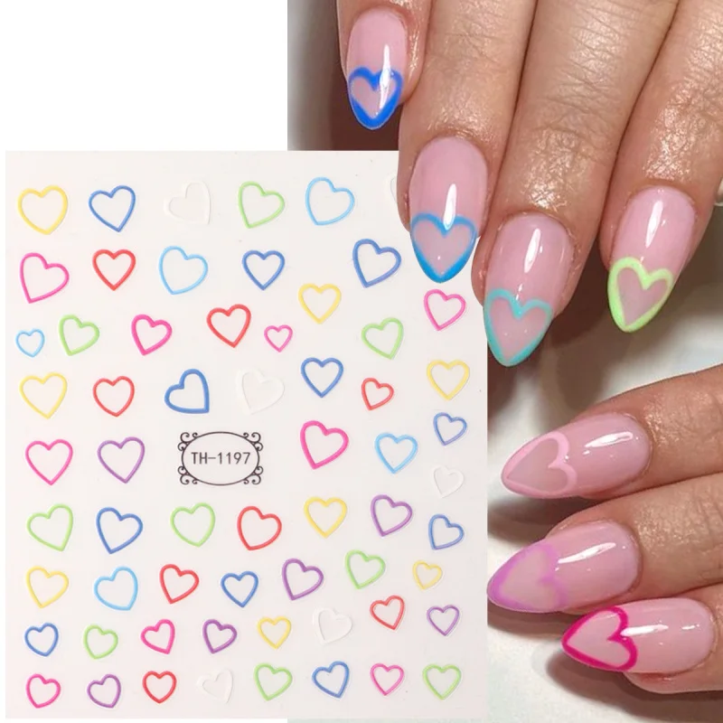 2pcs 3D Colorful Hollow Heart Stickers for Nails Romantic Love Heart Valentine  Nail Art Decals DIY Adhesive Sliders Decoration