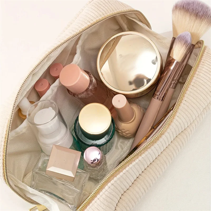 Women Cosmetic Bag Corduroy Solid Color Makeup Pouch Travel Portable Wash Toiletry Storage Bag Organizer Purse