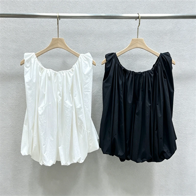 

High-quality summer new women's double-layer off-shoulder pleated top, fashionable casual square neck beach vacation T-shirt