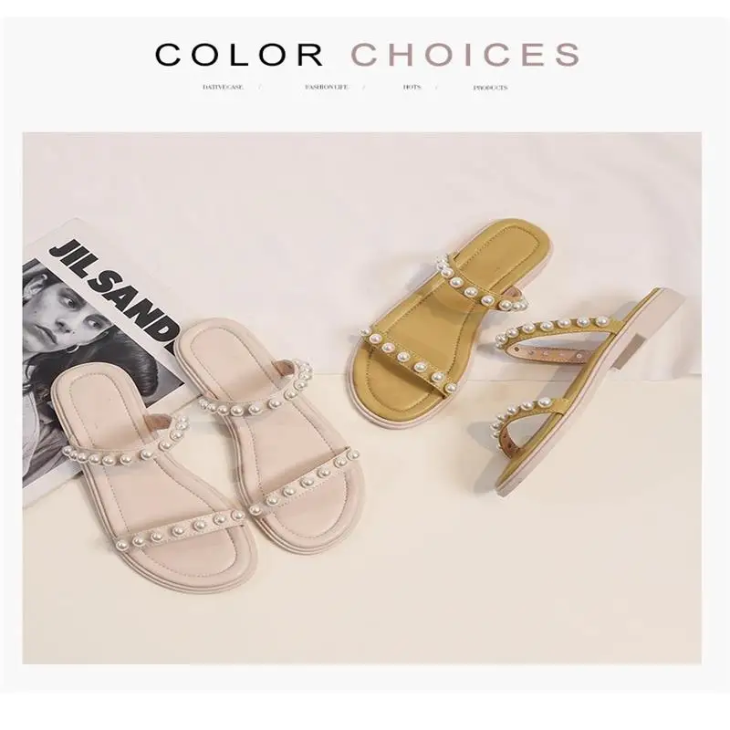 

2026 New Summer Pearl Women Slippers Fashion All-match One-band Flat Sandals Casual Outdoor Dress Matching Ladies Slides