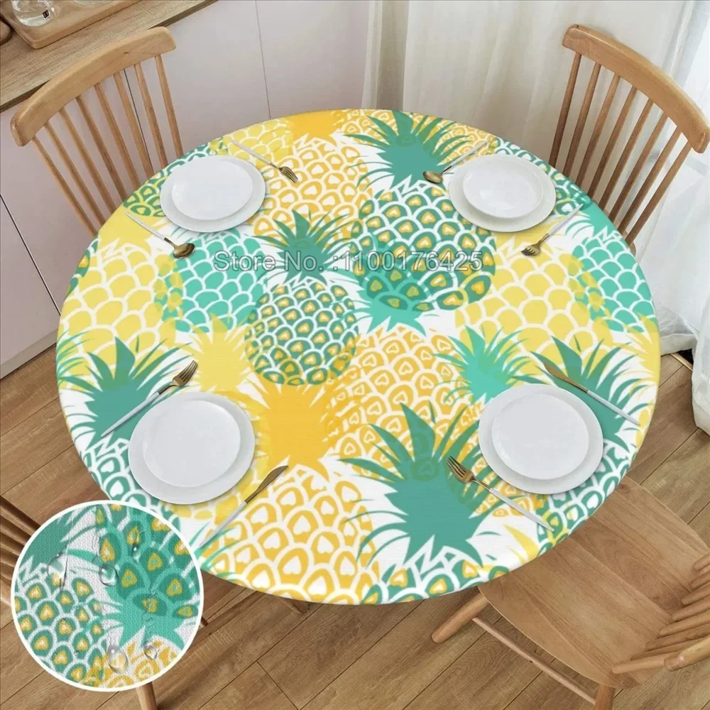 Pineapple Summer Tropical Fruit round Table Cover with Elastic Edge Waterproof Outdoor Dining Party Holiday Tablecloth