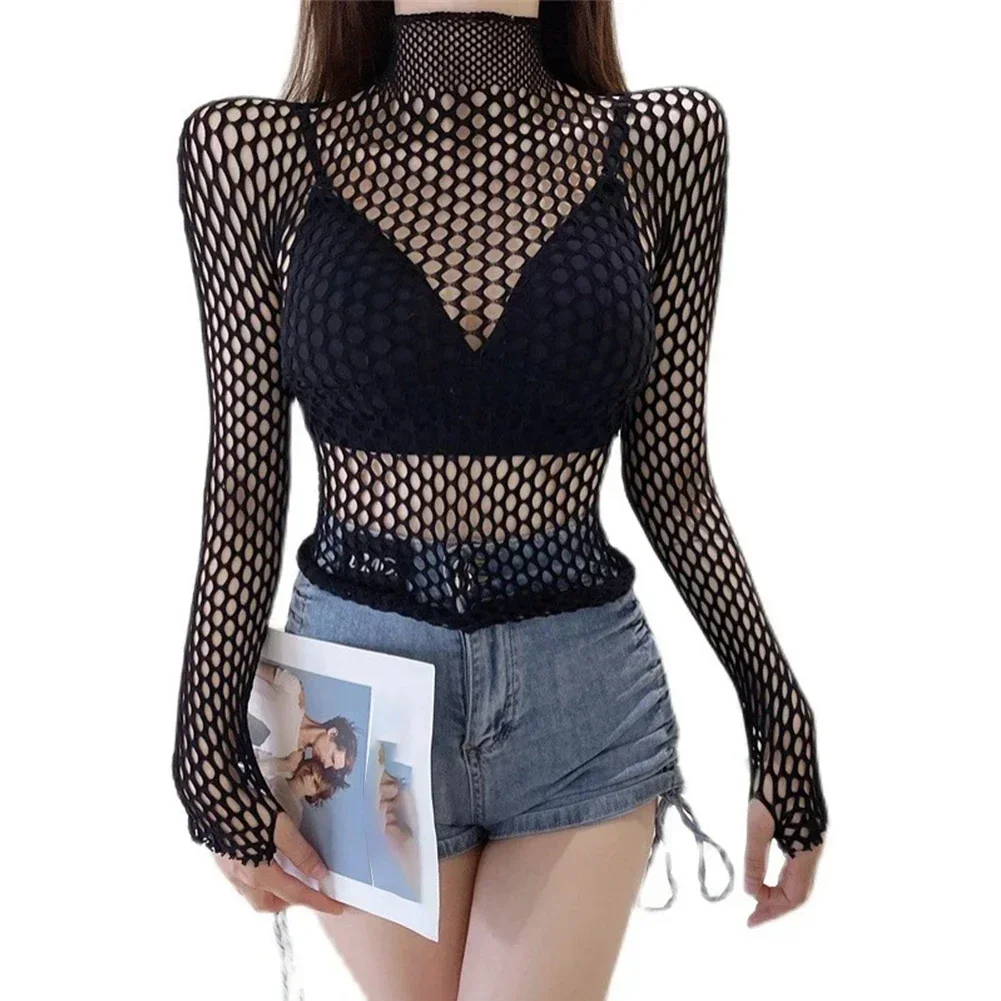 Damskie seksowne siateczkowe topy z długim rękawem Fun Hollow Fashion Fishnets Slim Fit Tops