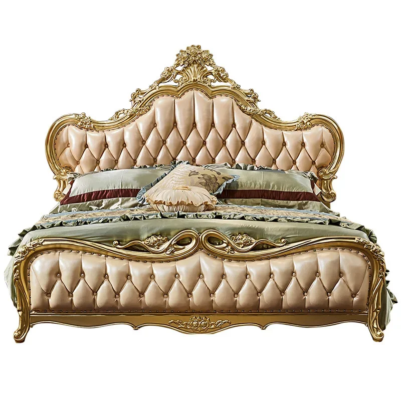 

Европейская двуспальная кровать, роскошная принцесса из цельного дерева цвета шампанского в американском стиле, спальня из воловьей кожи первого слоя, большая свадьба 2 метра