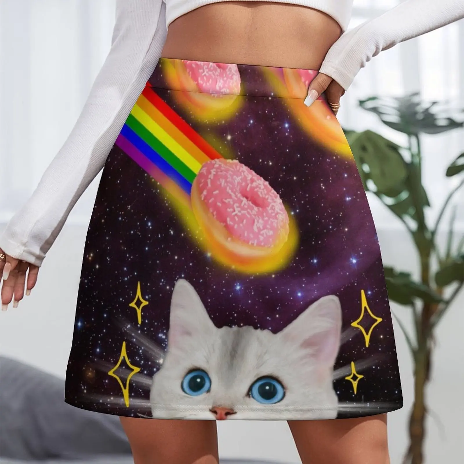 CAT IN SPACE DOUGHNUT GALAXY STARS FUNNY RAINBOW BEACH PARTY Mini Skirt skirts for woman Womens dresses Mini Skirt