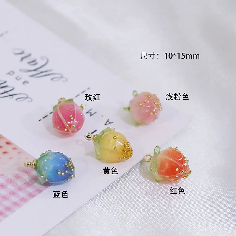 4pcs Diy Accessories Drop Glue Heat Shrinkable Piece Flower Bud Strawberry Resin Earrings Pendant Bracelet Handmade Charms