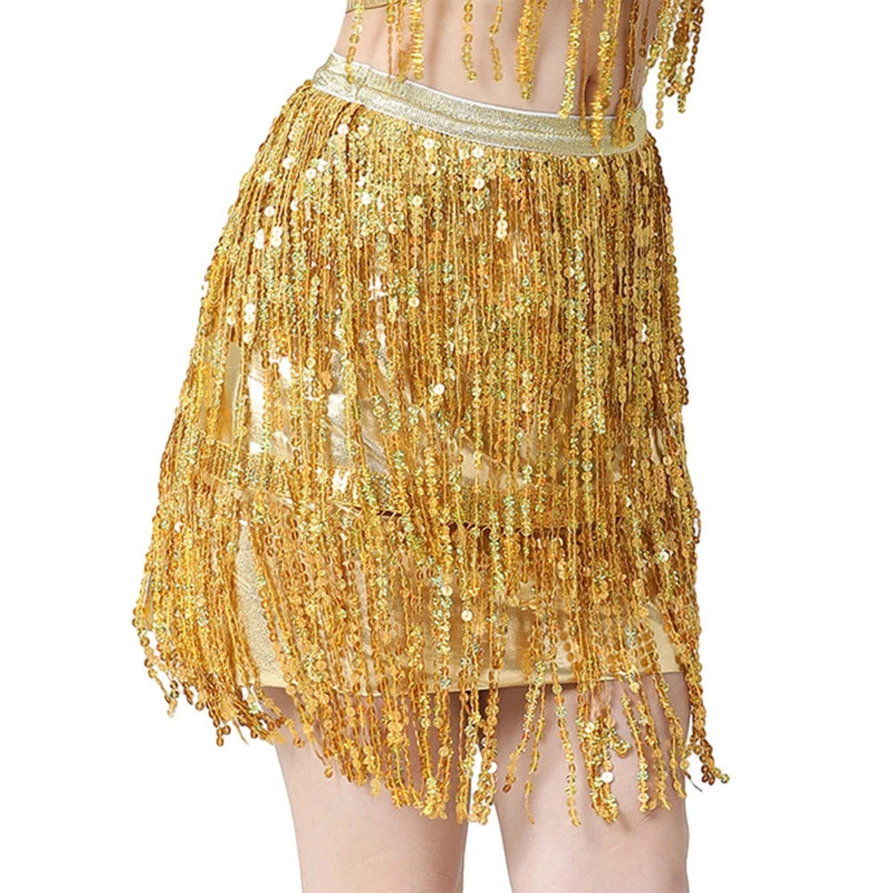 Eleganti gonne con nappe di paillettes di danza del ventre latina per le donne a vita media solido dimagrante India Dancewear Stage Performance Outfits