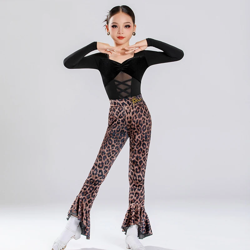 

Kids Modern Dancing Suit Black Latin Top Leopard Pants For Girls Rumba Ballroom Dance Competition Costume Latin Suit SL14067