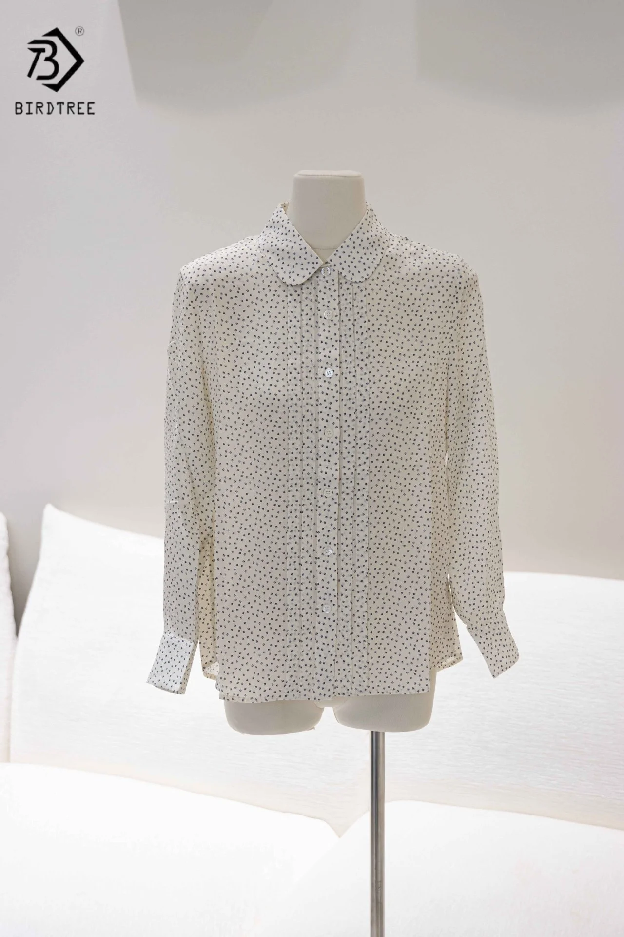

Рубашка BirdTree из 100% шелка с квадратным воротником, женская однобортная блузка с длинными рукавами в горошек, новинка 2025 года T56711JF