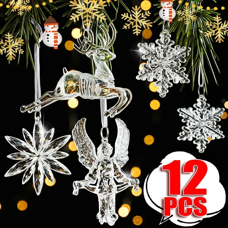 2-12Pcs Acrylic Snowflake Pendants Simulation Transparent Ice Drop Icicle Christmas Tree Hanging Ornaments Home Gift Decorations