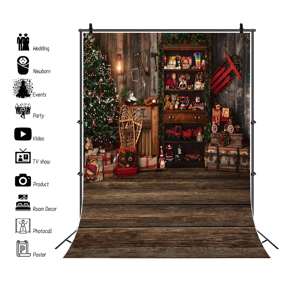 

Christmas Backdrop for Photography Xmas Tree Fireplace Gifts Toy Wooden Floor Kids Portrait Family Party Photo Background Decor