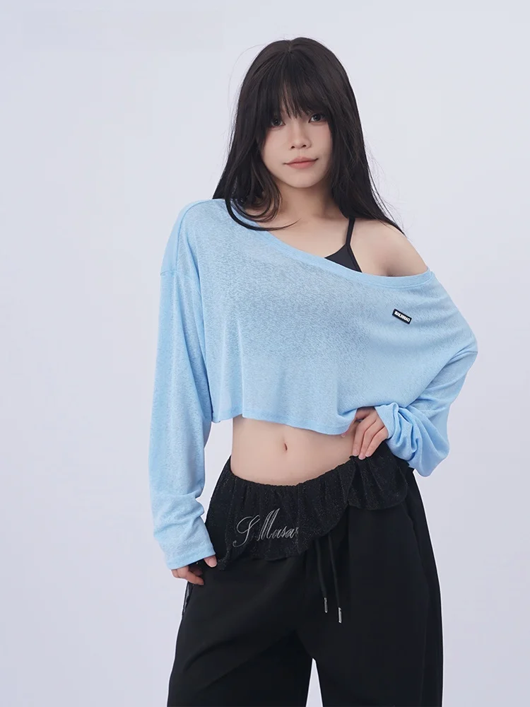 Hey Kooky American Style Loose Long Sleeve Blue T-Shirt Belly Baring Summer Street Dance Sun Protection Cover up Top for Women