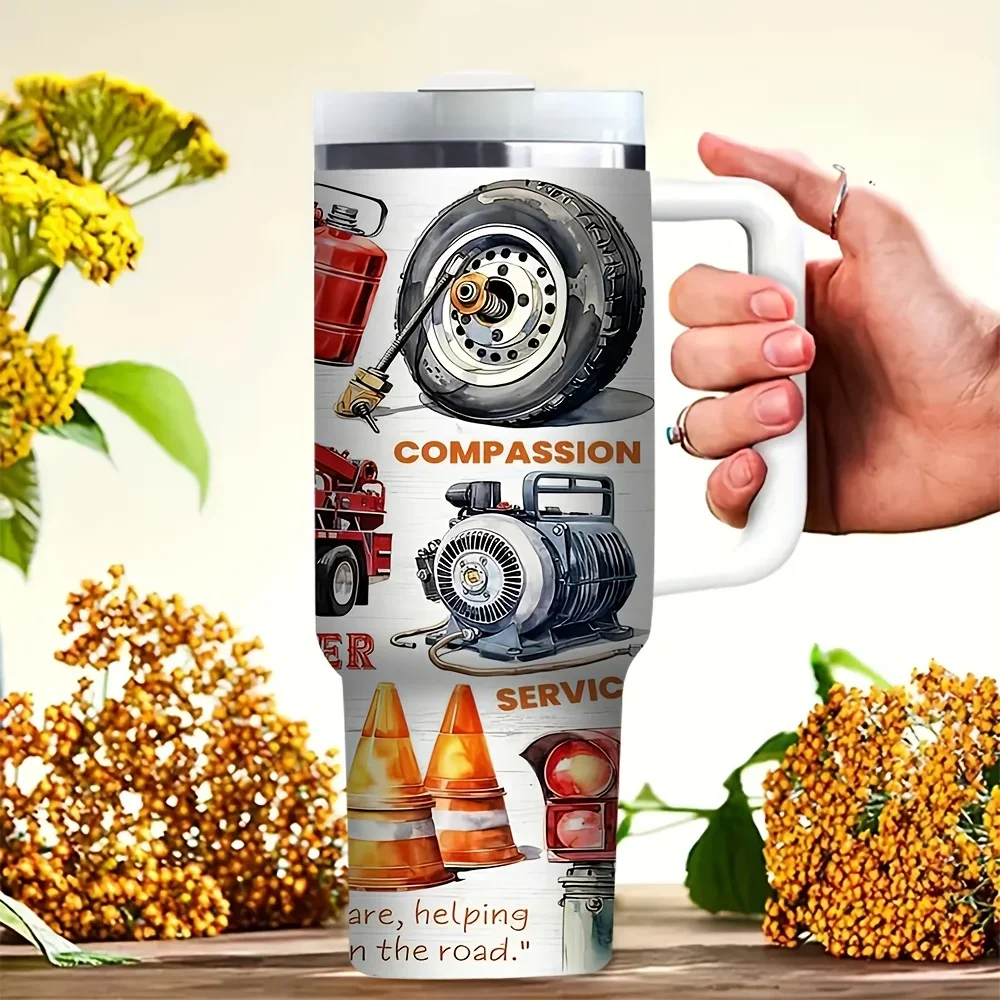 40Oz Handled Tumbler with Tow for truck Driver Life Themed Print, Suitable for Truck Drivers, Holds Hot And Cold Drinks, Perfect for Daily Use And Outdoor Travel