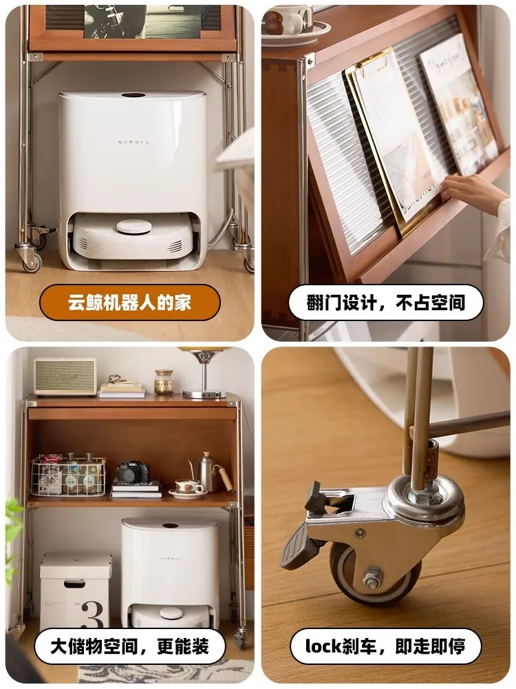 Bibliothèque nordique en bois massif, armoire de rangement robot de balayage en acier inoxydable pour salon, casier en verre médiéval pour petit appartement