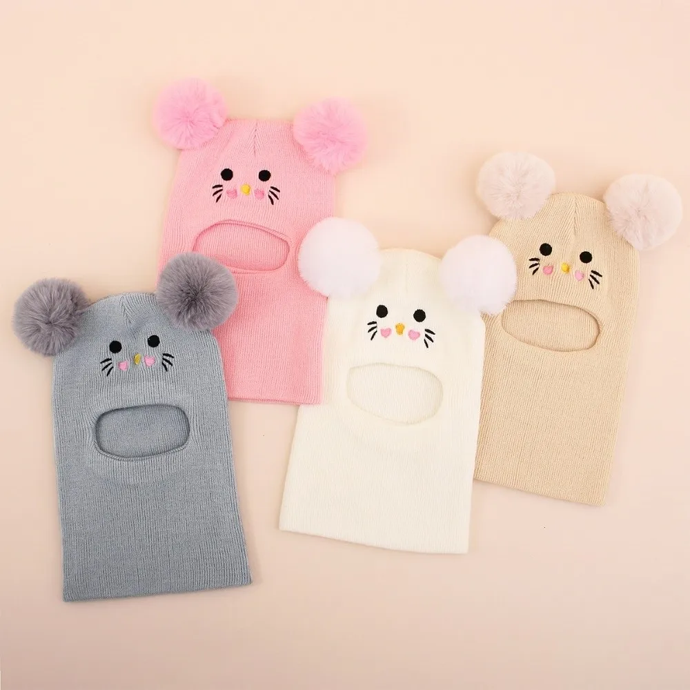 

Cute Cartoon Embroidered Knitted Hat Windproof Double Pompom Ear Protection Caps Cold Proof Head Full Face Neck Cover