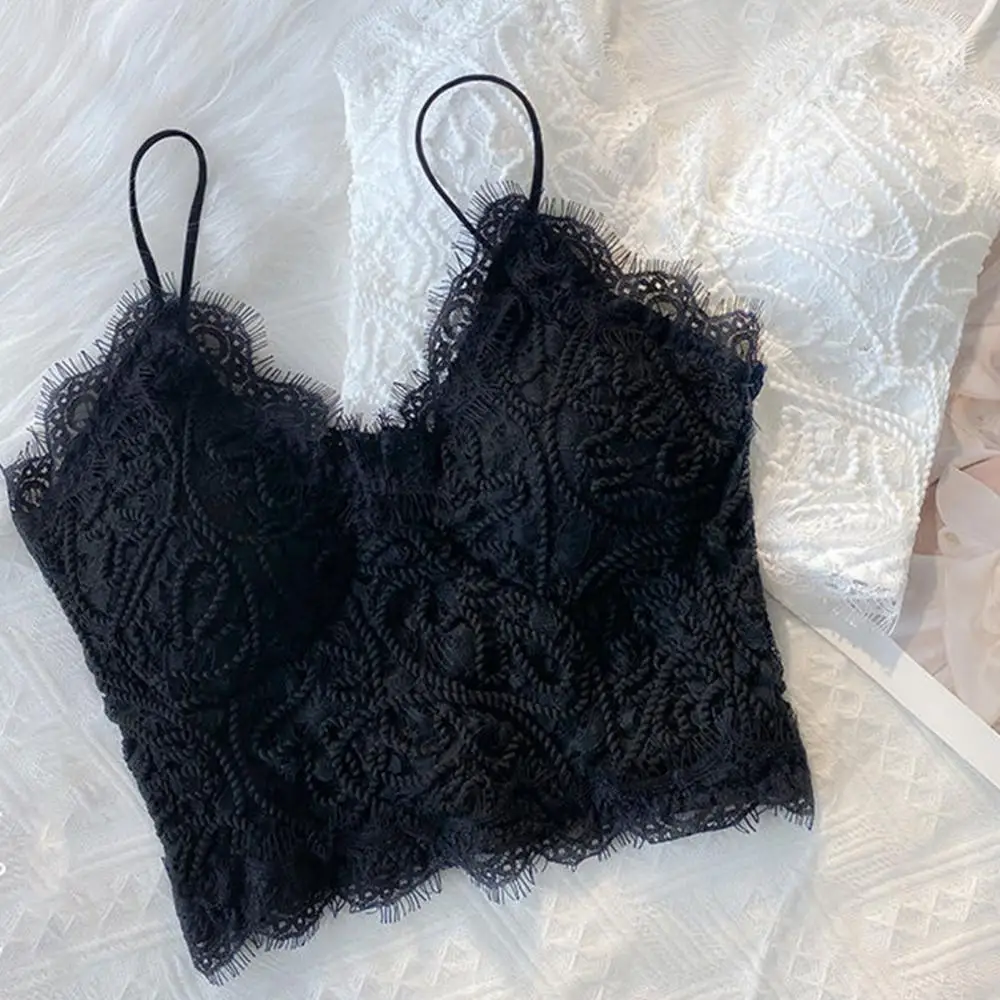 Lace Silky Crop Top Women\'s Summer Camisole Tanks Small Sling Vest Women\'s Inner Chest Pad Lace Bottom Top Underwear