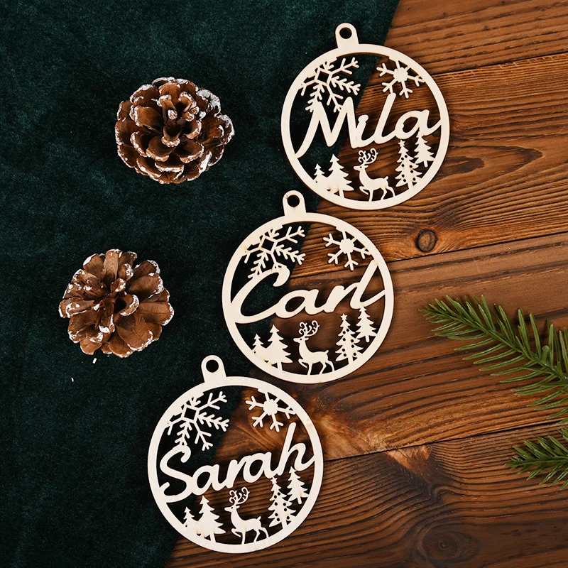 Boules décoratives en bois découpées au laser personnalisées, nom/message gravé, motif élan, étiquettes suspendues pour arbre/cadeau, 1/3/5 pièces